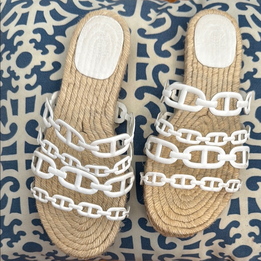 Hermes Tan and White Chain Sandals